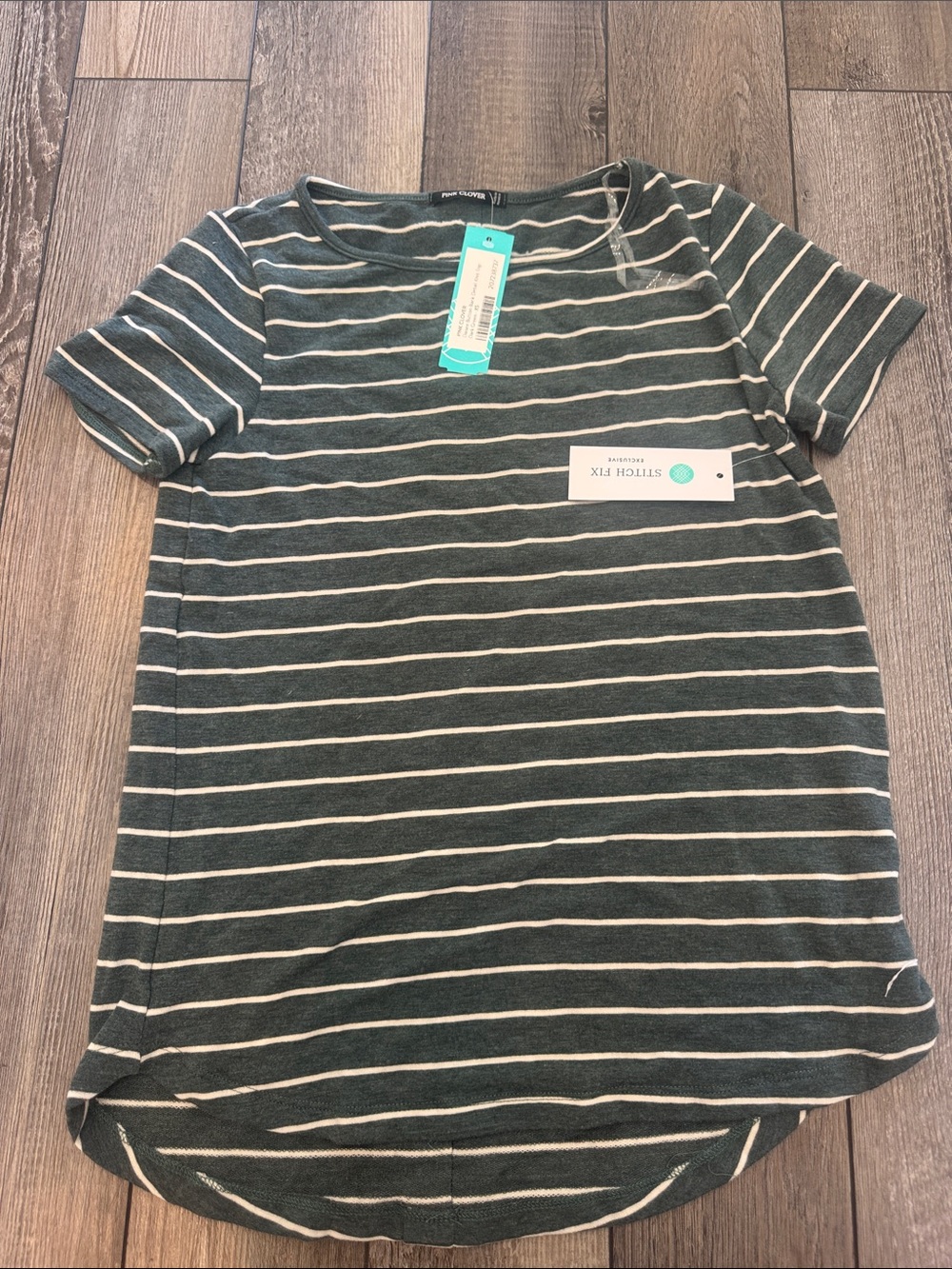 Pink Clover Dark Green and White Striped Short Sleeve Tee
